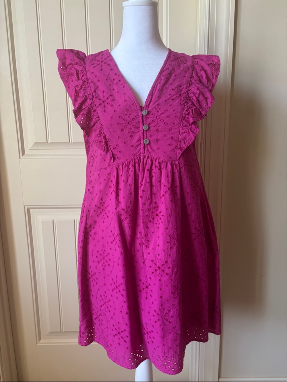 LOFT Magenta Pink Eyelet Ruffle Dress